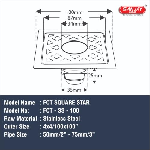 Image of SS Floor Drain with Cockroach Trap for Bathroom Gratings Square Waste Water Drainer in Luxurious Washroom with Hole & Without Hole (Square 4 x 4 Inch FCT Silver)