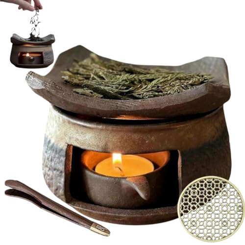 Ceramic Burner Kit with Wooden Clips and Pads Essential Oil Burner for Incense & Herbs Tea Light Candle Holder Warmer for Home Office Meditation Relaxation (Circular 10.5 * 6.5cm/4.13 * 2.56in)