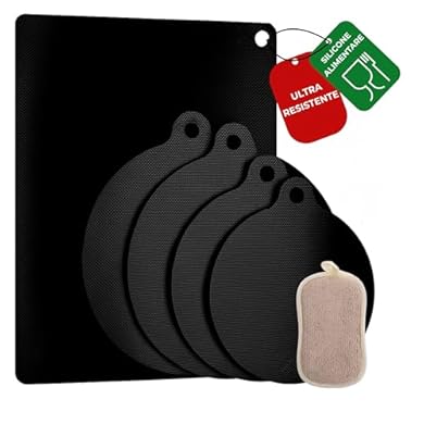 Foto di MAZZINI Kit Tappetini Copri Piano Induzione – 5 Pezzi (2x Ø22cm, 2x Ø24cm, 1x 23x33cm, Spessore 0,7mm) + Spugna per Pulizia | Silicone e Fibra di Vetro | Antiscivolo, Resistente al Calore 250°C