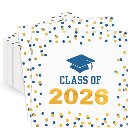 100 Pcs Gold Foil Class of 2026 Graduation Napkin, Blue and Golden Polka Dots Disposable Congrats Grad Cocktail Napkins Dinner Paper Napkins for University School College Graduation Party