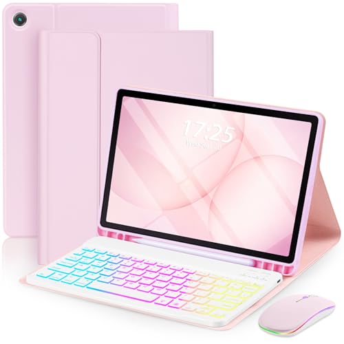 EAMPANG Case with Keyboard Mouse for Samsung Galaxy Tab A11 Plus/A9 Plus 2025/2023 11 inch,7 Color Rainbow Backlight Detachable USB-C Keypad Magnetic Case with Pen Slot for Tablet A11+ A9+ 5G Pink