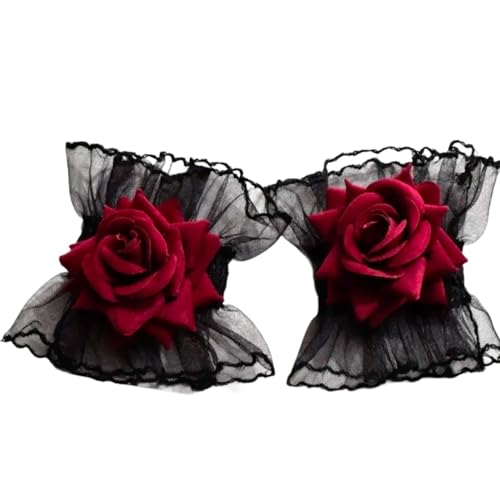 薔薇 レースカフス ブレスレット 2個セット ベロア 赤 高貴 華やか ロリータ ゴスロリ 衣装 コスプレ アニメ 大きいサイズ 森ガール 甘ロリ ゴシック ドレス 女装 服 メイド クリスマス ハロウィン お嬢様 かわいい アイドル プレゼント [並行輸
