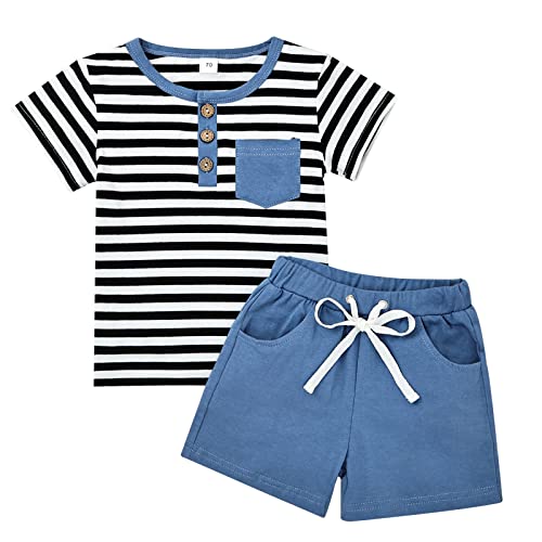 Focutebb 2T Toddler Baby Boy Clothes Summer Outfits Short Sleeve Striped Tops T-Shirt Casual Shorts Set 2Pc Little Boy Clothing Summer Outfits Light Blue 2-3T/100Cm #TOP9