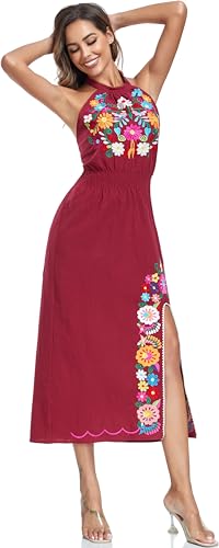 Image of Womens Mexican Floral Embroidered Halter Maxi Dress Side Slit Boho Dress | Sleeveless Halter Neck High Split, Fiesta Party Sundress, Elastic Smocked Waist, Cotton Summer Maxi Dress