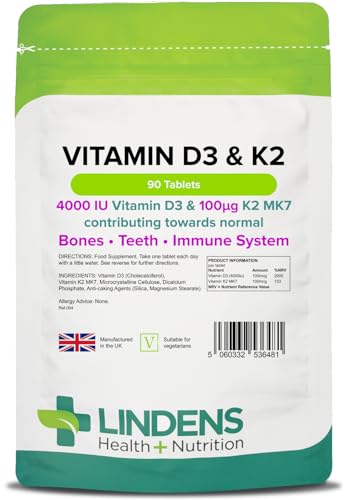 Lindens Vitamin D3 4000IU & MK7 K2 | 90 Tablets | UK Made | Immune Health, Bones, Teeth, Muscle, Blood Calcium Absorption | High Strength Vitamin D & K2 Supplement | 3 Months Supply | Vegetarian