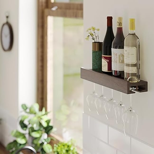Rustic State Smith Wall Mounted Wood Floating Wine Bottle Rack with Glassware Holder Stemware Shelf Storage Organizer - Home, Kitchen, Dining Room Bar D¨¦cor - Walnut