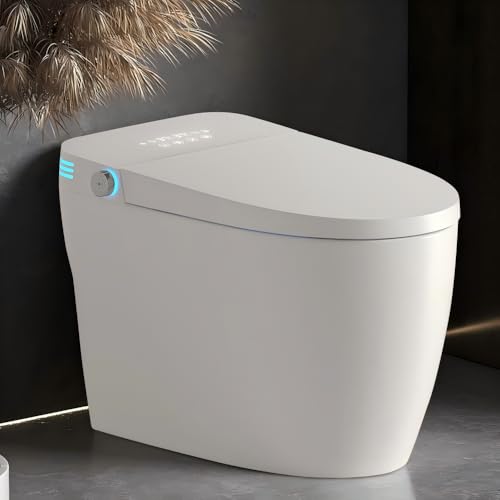 Inodoro inteligente sin tanque Virubi con bidé integrado, inodoro de una pieza con descarga automática, asiento calefactado, agua tibia y secado, temperatura ajustable, control remoto y sensor de pie, cerámica blanca para baño miniatura 3