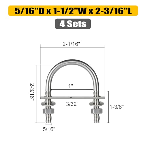 Image of 4 Sets Round U Bolts, u-Bolts 1-1 /2 Inch Wide, 304 Stainless Steel U Bolt,with Nuts,Bolt Plate and Washers for Boat Trailer Tube(5 /16 inch D x 1-1 /2 inchW x 2-3 /16 inchL)