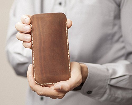 Brown Case for iPhone 13 Pro Max. Hand Stitched Bovine Leather Sleeve