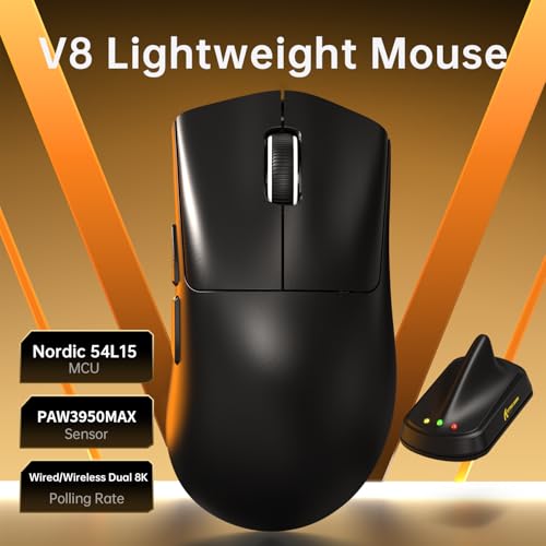 Image of ATTACK SHARK V8 8000Hz Wireless Gaming Mouse, 59g Lightweight, Black | BT /2.4G Wireless /Wired Mouse, PixArt PAW3950MAX Gaming Sensor,42000 DPI,20000 FPS,Coiled Cable,Office Mice for PC /Win /Mac