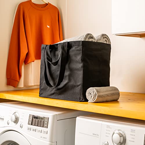 Veramia Black Canvas Grocery Bag 3Pc Set, Real Pockets, Long Shoulder Strap + Short Handle. Reusable Shopping Bags For Groceries, Heavy Duty Foldable Washable Extra Large Weekender, Utility Tote Bag #TOP6