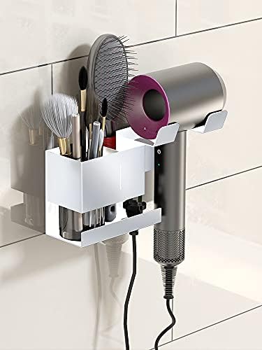 Hosoncovy Metal Hair Dryer Wall Mount Holder Hair Dryer Wall Hanger Toiletries Wall Storage Organizer Electric Shaver Wall Mount for Dyson Supersonic Hair Dryer,Universal for Hair Dryer (White)