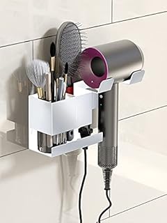 Hosoncovy Metal Hair Dryer Wall Mount Holder Hair Dryer Wall Hanger Toiletries Wall Storage Organizer Electric Shaver Wall Mount for Dyson Supersonic Hair Dryer,Universal for Hair Dryer (White)