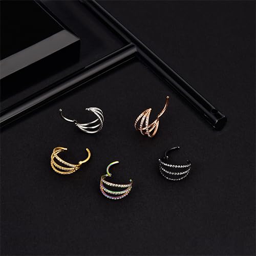 Hinged 18 Gauge Nose Ring 316 Stainless Steel Triple Open Stack Cz Daith Piercing Jewelry Clicker Septum Rings Rook Snug Tragus Cartilage Hoop Earring 8Mm #TOP6