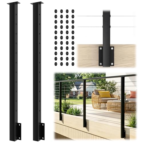 Image of 2 Pack Side Mount Cable Railing Post 36 inch (Post Body 44 inch), Level Drilled Space-Saving Rail Post with 11 Holes, Stainless Steel Fascia Mount Cable Railing System, Black Indoor Outdoor Deck Post