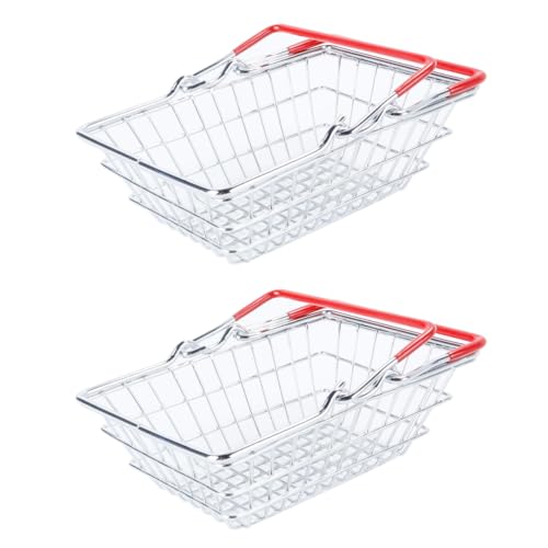 Hoite Lot de 2 mini paniers de courses en métal réaliste avec poignées en acier inoxydable et caoutchouc, rectangulaires, de style moderne, portables et de rangement