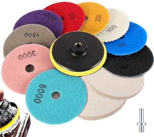 13PCS Diamond Polishing Pads Kit-4 Inch Wet/Dry Polish Pads for Granite Stone Concrete Marble, Grinding Discs for Drill Grinder Polisher, Mixed Grits 30, 50, 100, 200, 400, 800, 1500, 3000, 6000