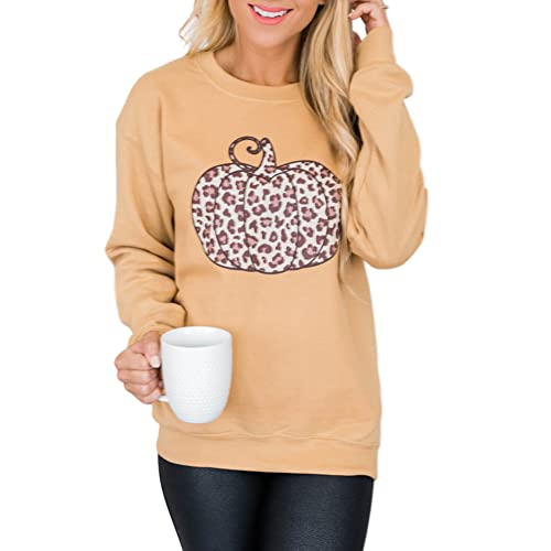 Jeemery Women's Halloween Leopard Print Pumpkin Graphic Sweatshirts Crewneck Long Sleeve Casual Loose Fit Sweaters Tops Yellow #TOP1