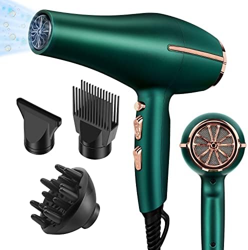 ARDIRO 2000 Watt Negative Ionic Hair Dryer, Professional Salon Blow Dryer, Low Noise Fast Drying & Powerful AC Motor and Diffuser Comb for Men Women, Cool Shot Button,3 Heat & 2 Speed Settings- Green