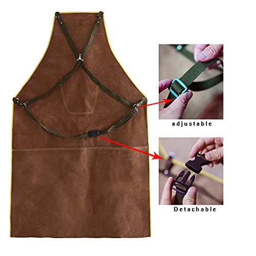 Olson Deepak Leather Welding Work Apron - Heat Resistant & Flame Resistant Bib Apron, Flame Retardant Heavy Duty Bbq Apron, Adjustable One Size Fit Most - 31" X 45"Brown #TOP1