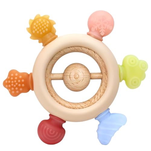 Image of Akolik Baby Teething Ring Set, Silicone Teethers, BPA-Free Grasping Toys for 0-18 Months, Grey (Jelly Handle)