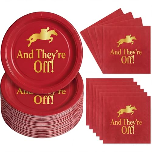 Havawish 100 Pcs Derby Day Paper Plates and Napkins Horse Racing Derby Party Supplies Run for The Roses Party Tableware Set Decorations for Birthday Serves(Red)