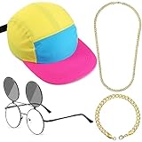 Cindeer Set 4 Accesorios de Disfraz Hip Hop 80 90 Gorra Neón Gafas de Sol Cadena oro Pulsera para Fiesta (Borde Rosa Fuerte)