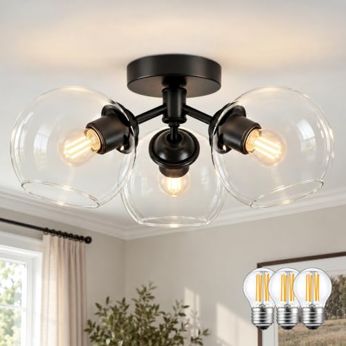 KoKo&Yukina 3-Light Mid Century Modern Black Semi Flush Mount Ceiling Light Globe Sputnik Chandelier Fixture Clear Glass Globe Ceiling Lights for Bedroom Living Room Hallway Entryway Foyer