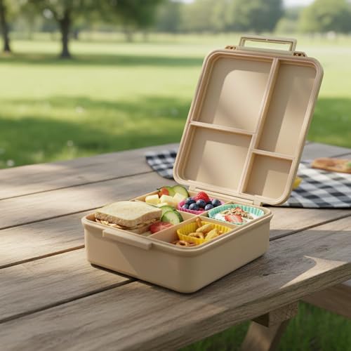 Image of Bento Mega Lunch Box, carrying handle - 4 No-Mix Compartments | Microwave & Dishwasher Safe | for Adult, Preschool, School 1600ML, OZ (Brown Latte)