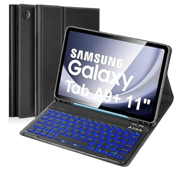 Nsyee Custodia con tastiera retroilluminata per Samsung Galaxy Tab A9+/A9 Plus 2023 11" (SM-X210/X215/X216), tastiera Bluetooth staccabile UK layout per Samsung Tab 11", nero