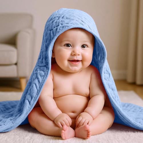 Image of VitalCozy 12 Pcs Baby Muslin Hooded Bath Towels and Washcloths, Muslin Hooded Baby Towels Absorbent Blankets for Gift Newborn Infant Shower (Blue Style)