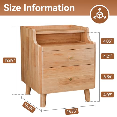 Image of Nightstand Set of 2, Pre-Assembled, 19.7 inchH Solid Wood Night Stand with 2 Drawers, Open Sliding Shelf, Mid Century Modern Small Bedside Table for Bedroom, Natural Oak 16 inch