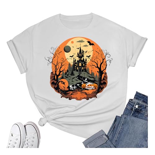 Women's Halloween Shirt: Crewneck Art Patterns Short Sleeve Halloween Party T-Shirt