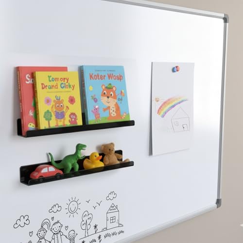 Image of 2 Pack Magnetic Book Shelf for Whiteboard - Reusable Acrylic Magnetic Shelves, Holds 11 lbs, Magnetic Book Display for Classrooms, Kitchen (Black)