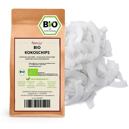 Kamelur 1kg BIO Kokoschips roh & ungesüßt - Rohkost Kokos Chips BIO ohne Zusätze – das ideale Topping für Porridge – Kokoschips BIO in biologisch abbaubarer Verpackung