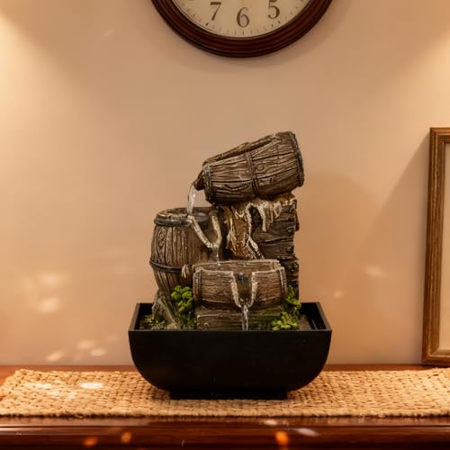 BIASUNS Vintage Indoor Tabletop Waterfall Fountain with Resin Antique Wooden Bucket & Warm Light, Zen Water Feature for Home Office Desk Decor