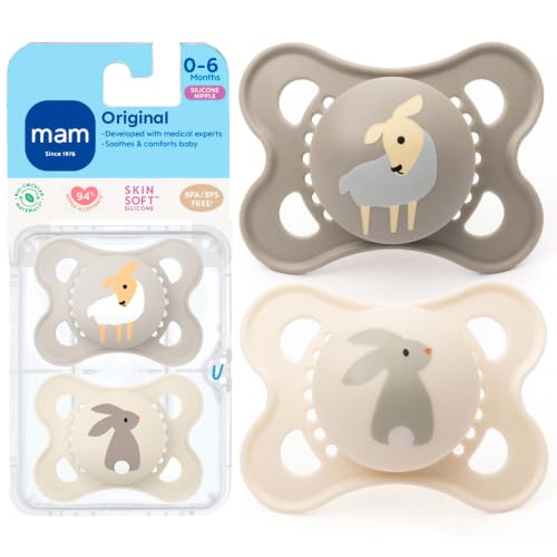 Image of MAM Original Baby Pacifier 0-6 Mths, Skin Soft Silicone Nipple, 2 Pack | For Newborn Babies, BPA-Free Skin Soft Silicone Nipple, Developed With Medical Experts, With Sterilizer Case