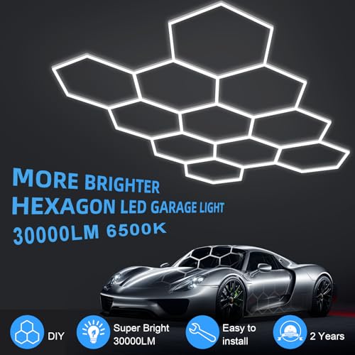 Image of MODERN 11 Hexagon LED Garage Light, Ultra-Bright 6500K Natural White, 11 Grids for Garage, Mall, Shop, and Auto Detailing.