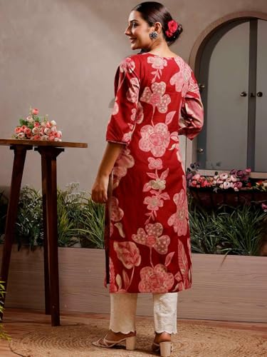 Image of Rimeline Women's Cotton Floral Printed Kurta with Notch Neck Detail | Straight Fit Ethnic Wear for Office, Casual & Everyday Styling