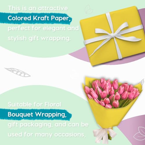Image of SMART&CASUAL 24 inch x 2,520 inch (210') Lemon Yellow Kraft Craft Paper Roll for Gift Wrapping Bulletin Board Bouquet Flower Art Packing Parcel Table Covering 80GSM 55LB (Lemon Yellow, 24 inch x 210')