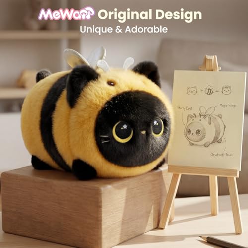 Image of Mewaii Black Cat Bee Plush Kawaii Plushies, Ultra-Soft Feel, 8 in | Starry-Eyed Cat Design, 8 in Portable Size, Cuddly Plush, Gentle Machine Washable, Desk Decor, For Kids, Teens & Cat Lovers