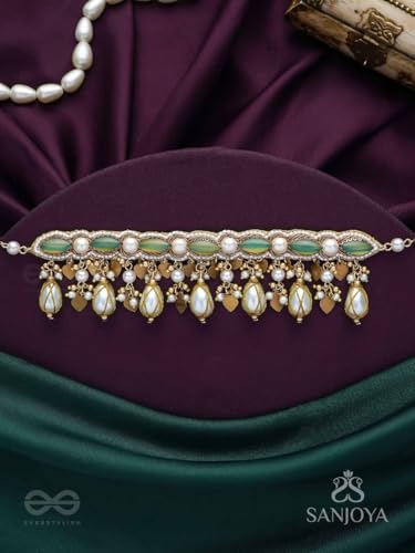 Image of SANJOYA BY EVERSTYLISH Haridvarna Gilded Meadow Finery Pearls, Stones And Beads Hand Embroidered Necklace Lightweight Jewelry For Women | Party, Festive, Wedding & Gifting