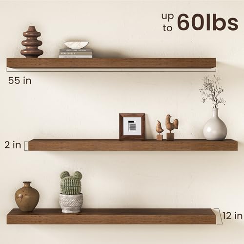 Image of Floating Shelves 55Inch Long, 12 Inch Deep Floating Shelves for Wall, 55 x 12 Large Floating Shelf for Fireplace Mantel, 2 inch Thicked Wall Shelf for Living Room, Bedroom Storage, Rustic Brown, 2 Packs