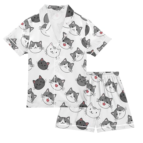 ALAZA Gray Cat Kitten Animal White Pajamas Satin Pajama Set Short Sleeve Button Down Sleepwear