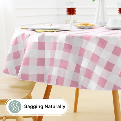 misaya Round Waterproof Vinyl Table Cloth, Buffalo Flannel Backed Tablecloth, Wipeable Plastic Table Cover for Dinner, Kitchen, Picnic (60", Pink and White) by misaya - Used condition - Image 6