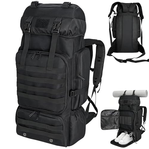 Ogetok 80L Hiking Backpack Camping Rucksack With Shoe Pocket, 80 liters Large Capacity Outdoor Knapsack Travel Climbing Mountaineering Trekking Carry On Bag Backpacking for Men Women, Black