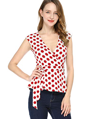 Allegra K Women's Summer Sleeveless Elegant V Neck Self Tie Front Polka Dots Wrap Top Medium White Red #TOP4