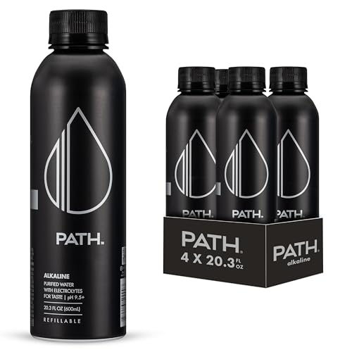 Image of PATH Alkaline Bottled Water - 9.5 pH-Balanced Purified Water with Electrolytes in Aluminum Bottle - BPA-Free, Reusable, Infinitely Recyclable - Pure, Crisp, Refreshing Taste 20.3 fl oz (Pack of 4)