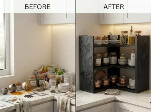 Image of Multipurpose 3 Tier L Shaped Wooden Storage Rack For Kitchen, Living Room and Utility Storage, Dark Elegance