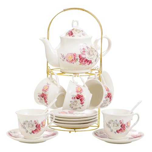 20-Pieces Porcelain Bone china Tea Sets,Gold Rim Coffee Set with Golden Metal Rack,Tea Gift Sets for Home&Party
